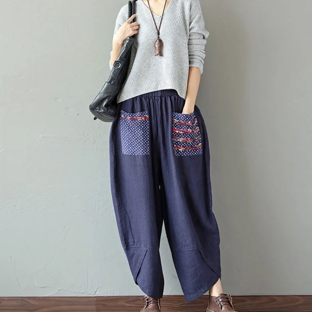 Plus Size Linen cotton blend Hippie festival boho pants size XXL navy pockets